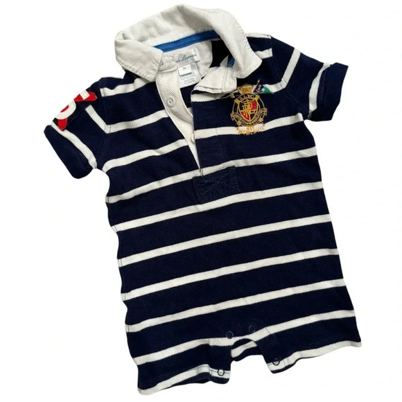 Ralph Lauren Sailing Romper Rugby Striped Embroidered Patches - Picture 1 of 5